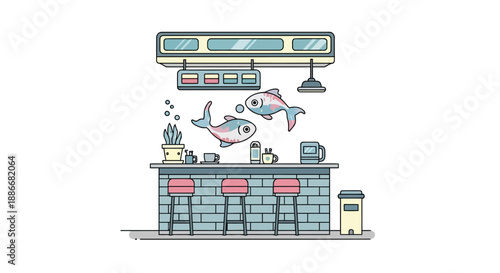 Whimsical line art illustration of a fish-themed bar counter.