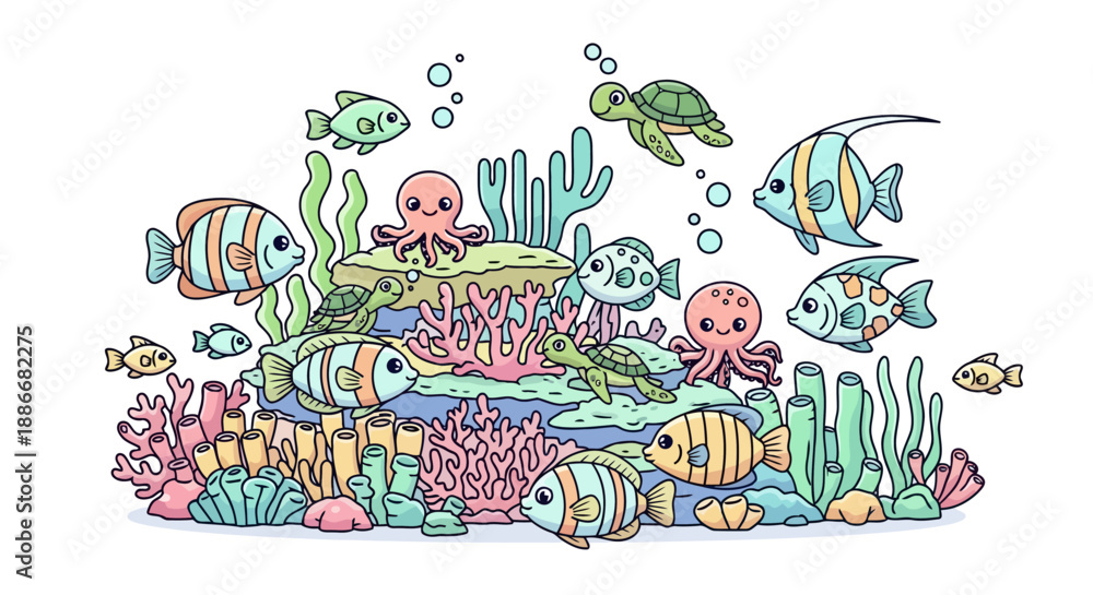 Naklejka premium Cute Kawaii Ocean Animals and Coral Reef Hand-Drawn Illustration.