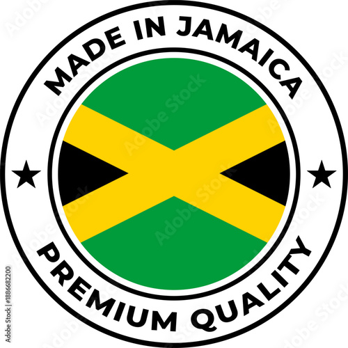 Premium quality Made in Jamaica round badge featuring the national flag colors a flat vector illustration for product packaging and branding