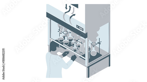 Scientist working in laboratory fume hood with various glassware and equipment