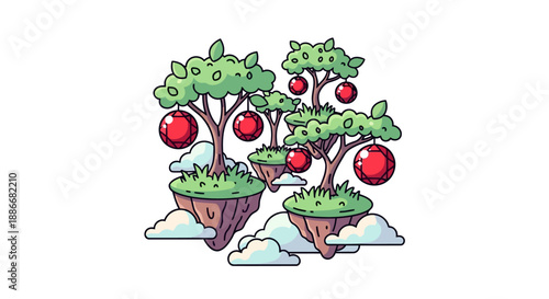 Whimsical apple orchard with ripe red fruit on floating islands.