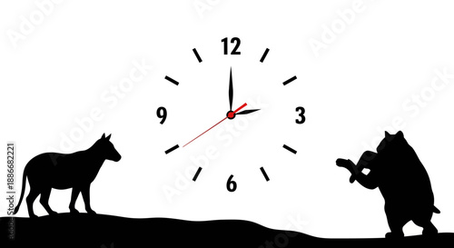 Surreal silhouette of a bear with a gun and a donkey under a midnight clock.