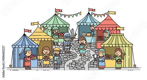 Vibrant cartoon illustration of a bustling medieval market fair.