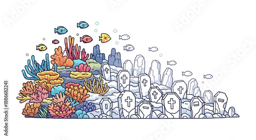 Conceptual illustration of a coral reef dying and turning into a graveyard.