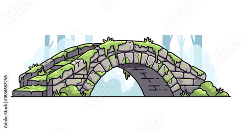 Old mossy stone arch bridge cartoon vector illustration.