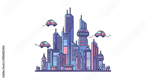 Futuristic city skyline with towering skyscrapers and flying cars.