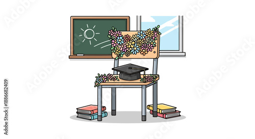 Empty School Chair with Graduation Cap and Abundant Flowers.