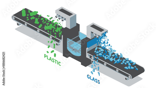 Waste sorting machine separates plastic and glass on conveyor belts for recycling