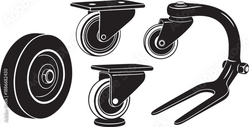 Black and white casters and wheel illustration set