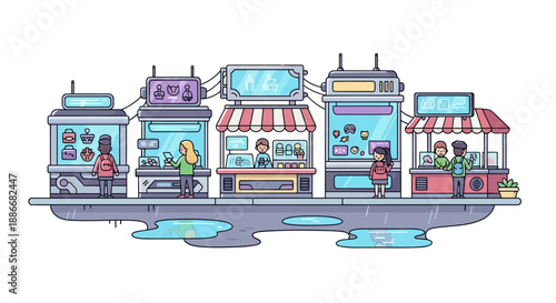Colorful cartoon illustration of a futuristic street market with vendors and customers.