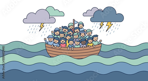 Diverse group of people sailing together in a crowded boat through a stormy sea.