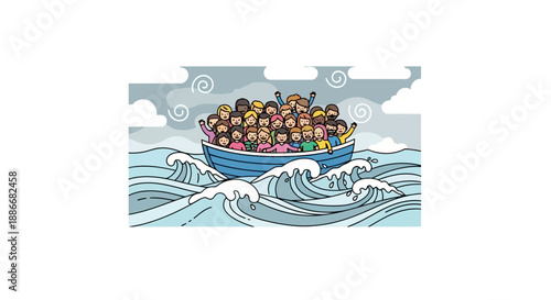 Cartoon illustration of an overcrowded boat with diverse refugees on rough seas.