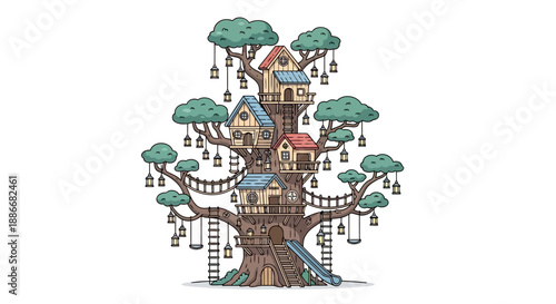 Whimsical fantasy treehouse village with hanging lanterns and rope bridges.