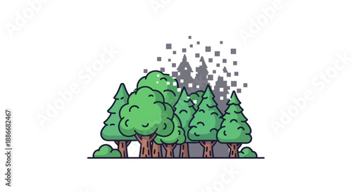 Stylized cartoon illustration of a green forest grove with pine trees.