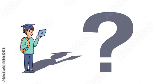 Young graduate with a tablet and a large question mark symbolizing an uncertain future.
