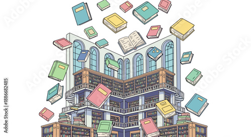 Colorful Books Flying Out of a Whimsical Library Building Illustration.