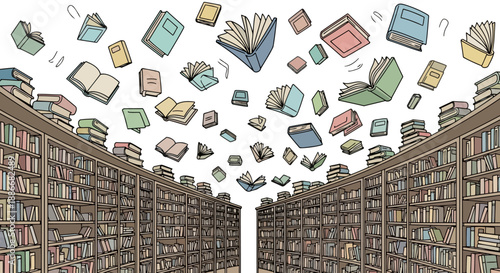 Whimsical Illustration of Many Books Flying Magically Upwards.