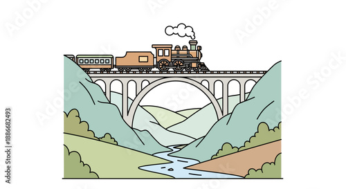 Vintage Steam Train Locomotive Crossing an Arched Viaduct Bridge.