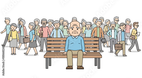 Elderly man with a sad expression sitting alone on a bench.