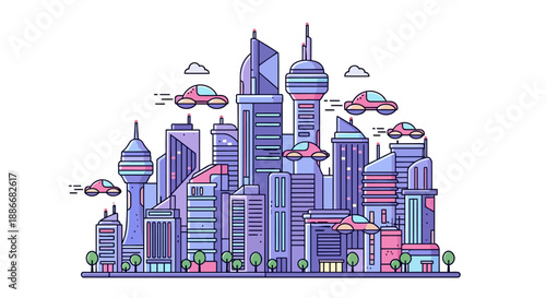 Futuristic Cityscape Illustration with Flying Cars and Modern Architecture.