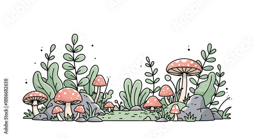 Hand-drawn illustration of whimsical mushrooms and foliage on a white background.