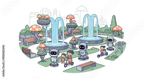 Friendly robots and happy children playing together in a futuristic city park illustration.