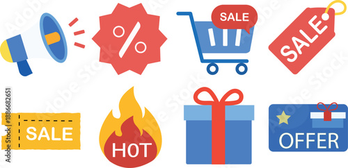 Set of colorful flat icons for sales, discounts, promotions, hot offers, and shopping