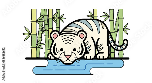 Cute cartoon white tiger cub drinking from a pool of water.