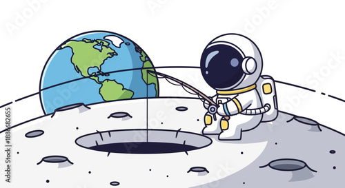 Cute cartoon astronaut fishing in a crater on the moons surface.