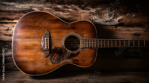 chord. Acoustic guitar close-up against rustic wood, highlighted by warm side lighting. tutorial guides, club newsletters, designed for tourism and weekend activity guides, supports event promotion.