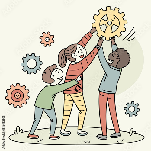 Group of abstract diverse people. Friends or coworkers are standing, hugging, posing together. Cartoon characters. Teamwork, togetherness, friendship concept. Hand drawn colorful Vector illustration