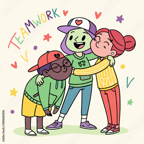 Group of abstract diverse people. Friends or coworkers are standing, hugging, posing together. Cartoon characters. Teamwork, togetherness, friendship concept. Hand drawn colorful Vector illustration
