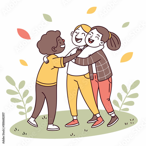 Group of abstract diverse people. Friends or coworkers are standing, hugging, posing together. Cartoon characters. Teamwork, togetherness, friendship concept. Hand drawn colorful Vector illustration