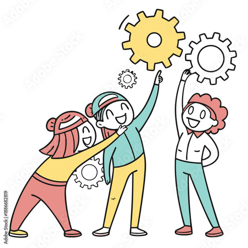Group of abstract diverse people. Friends or coworkers are standing, hugging, posing together. Cartoon characters. Teamwork, togetherness, friendship concept. Hand drawn colorful Vector illustration
