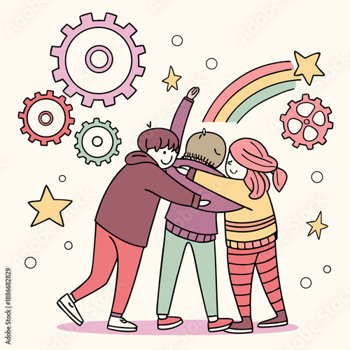Group of abstract diverse people. Friends or coworkers are standing, hugging, posing together. Cartoon characters. Teamwork, togetherness, friendship concept. Hand drawn colorful Vector illustration