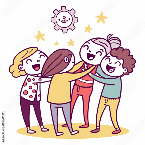 Group of abstract diverse people. Friends or coworkers are standing, hugging, posing together. Cartoon characters. Teamwork, togetherness, friendship concept. Hand drawn colorful Vector illustration
