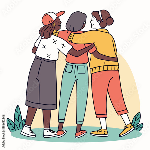 Group of abstract diverse people. Friends or coworkers are standing, hugging, posing together. Cartoon characters. Teamwork, togetherness, friendship concept. Hand drawn colorful Vector illustration
