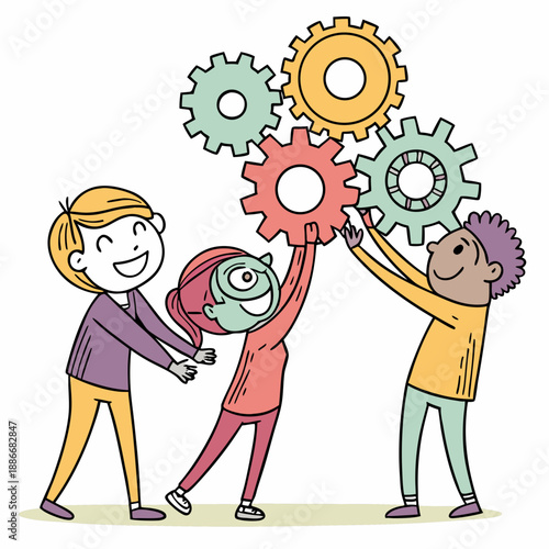 Group of abstract diverse people. Friends or coworkers are standing, hugging, posing together. Cartoon characters. Teamwork, togetherness, friendship concept. Hand drawn colorful Vector illustration