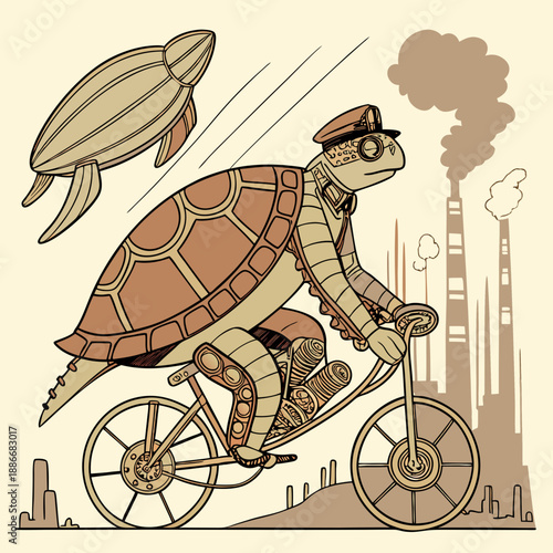 Print A steampunk turtle riding a rocket-powered bicycle.