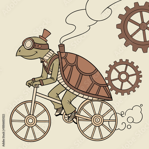 Print A steampunk turtle riding a rocket-powered bicycle.
