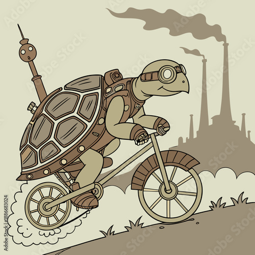 Print A steampunk turtle riding a rocket-powered bicycle.