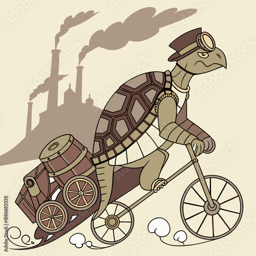 Print A steampunk turtle riding a rocket-powered bicycle.