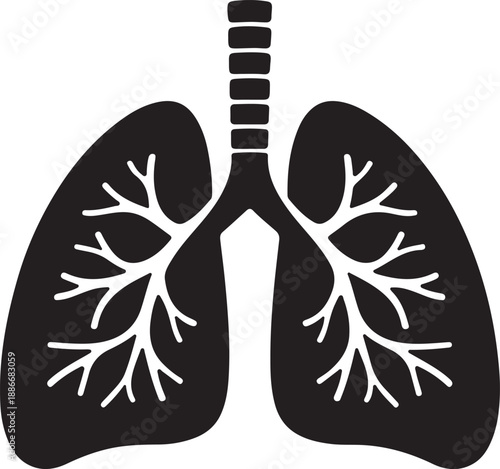 Human lung anatomy icon representing the respiratory system and healthy breathing
A minimalist black silhouette icon illustrating the human lungs, trachea, and bronchial tree on a plain white backgrou