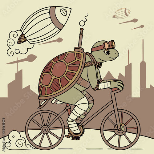 Print A steampunk turtle riding a rocket-powered bicycle.