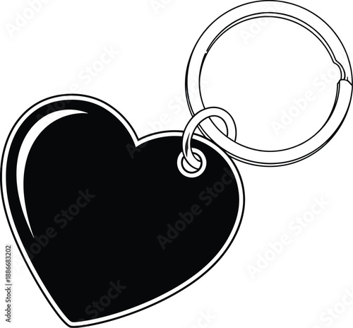 Modern black heart shaped keychain with shiny metal ring