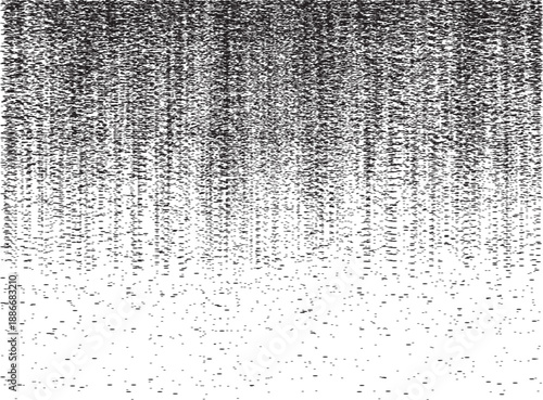 Abstract black and white grain texture with vertical noise streaks fading into scattered dots. Monochrome distressed background suitable for overlays, grunge design, modern posters, print textures.
