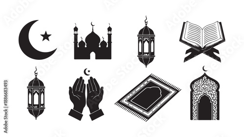 Islamic symbols collection: mosque, lantern, quran, and prayer vector 