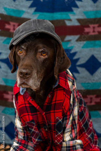 Wallpaper Mural Labrador Retriever Dog in red shirt and gray baseball cap sits on floor with sad face. animals are like people, taking care of dog. pedigreed domestic pet, posing, animal clothing. High quality photo Torontodigital.ca
