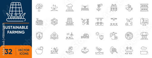 Sustainable Farming Icon Set. Containing agriculture, planting, seed, farm, eco, green and more. Line vector icons collection.