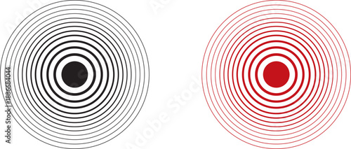 Abstract concentric circles design with optical illusion effect in black and red tones on a white background. Minimal geometric composition creating hypnotic radial patterns, ideal for modern posters.